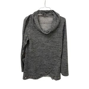 Boho Chic Cowlneck Sweater MEDIUM Black White Houndstooth Grommet Pullover Knit